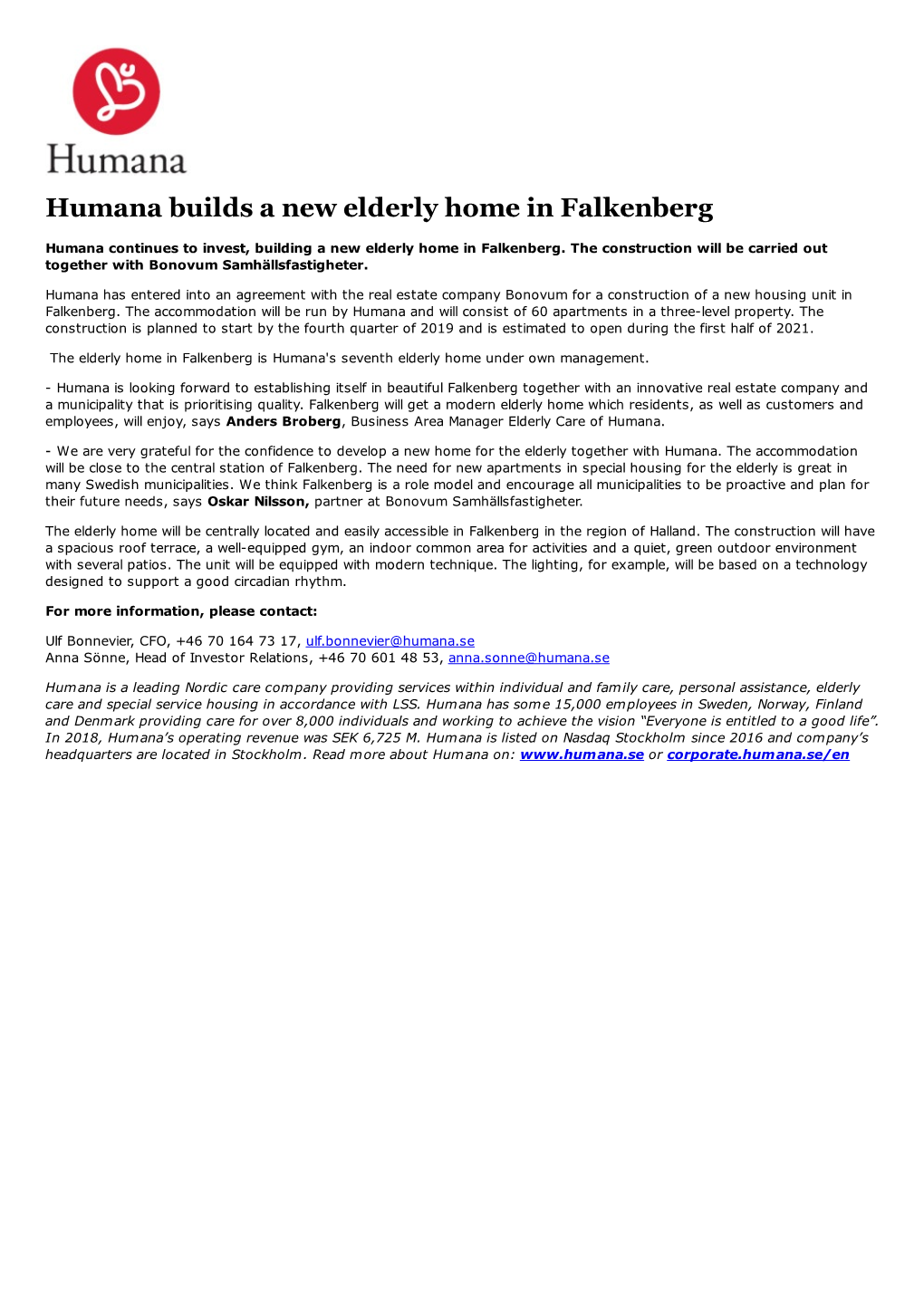 Humana Builds a New Elderly Home in Falkenberg