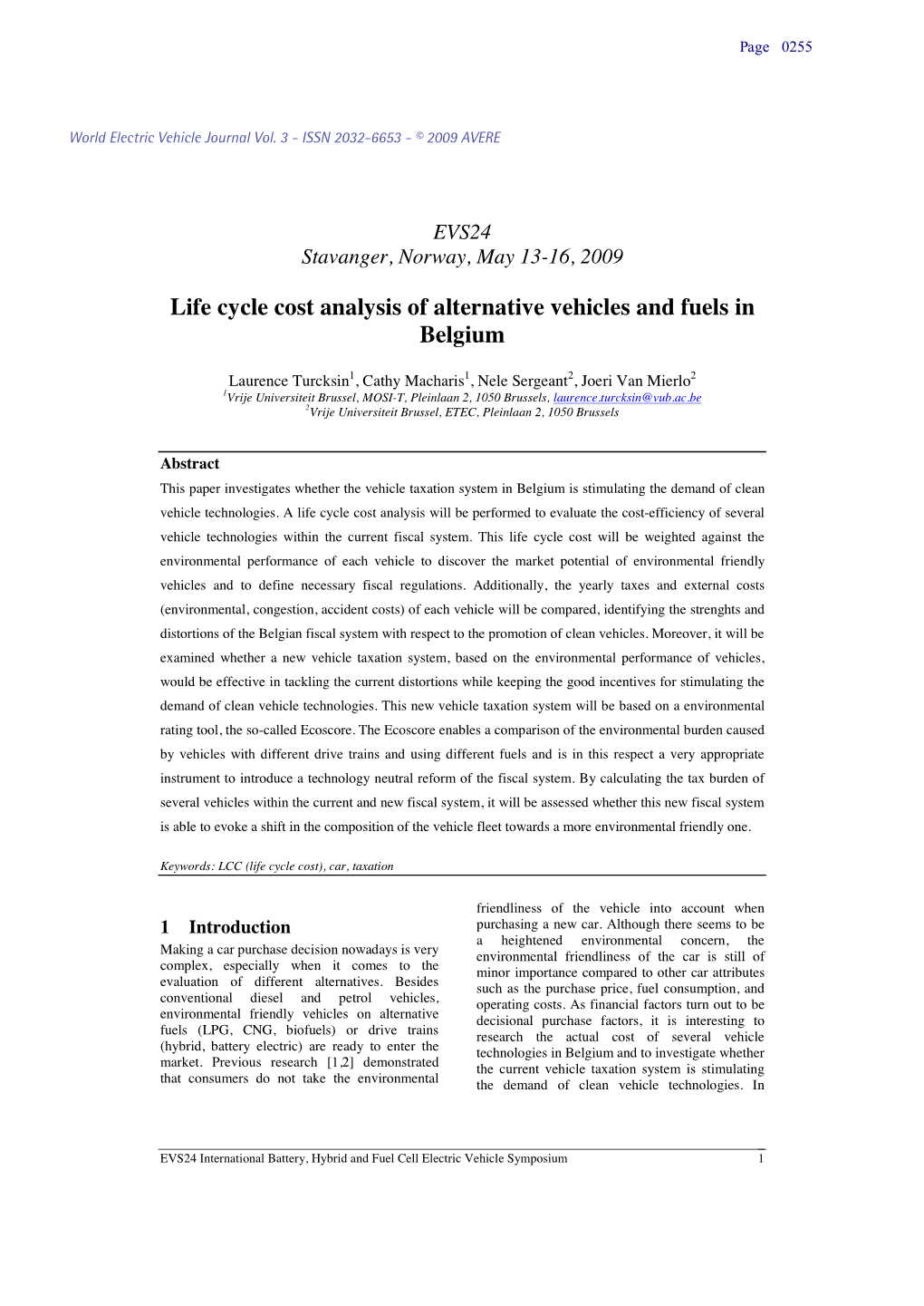 Life Cycle Cost Analysis of Alternative Vehicles and Fuels in Belgium