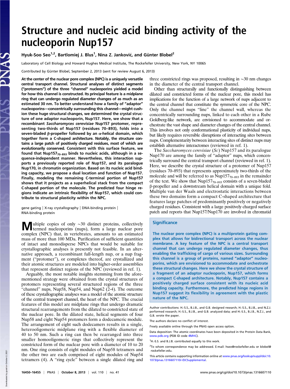 Structure and Nucleic Acid Binding Activity of the Nucleoporin Nup157