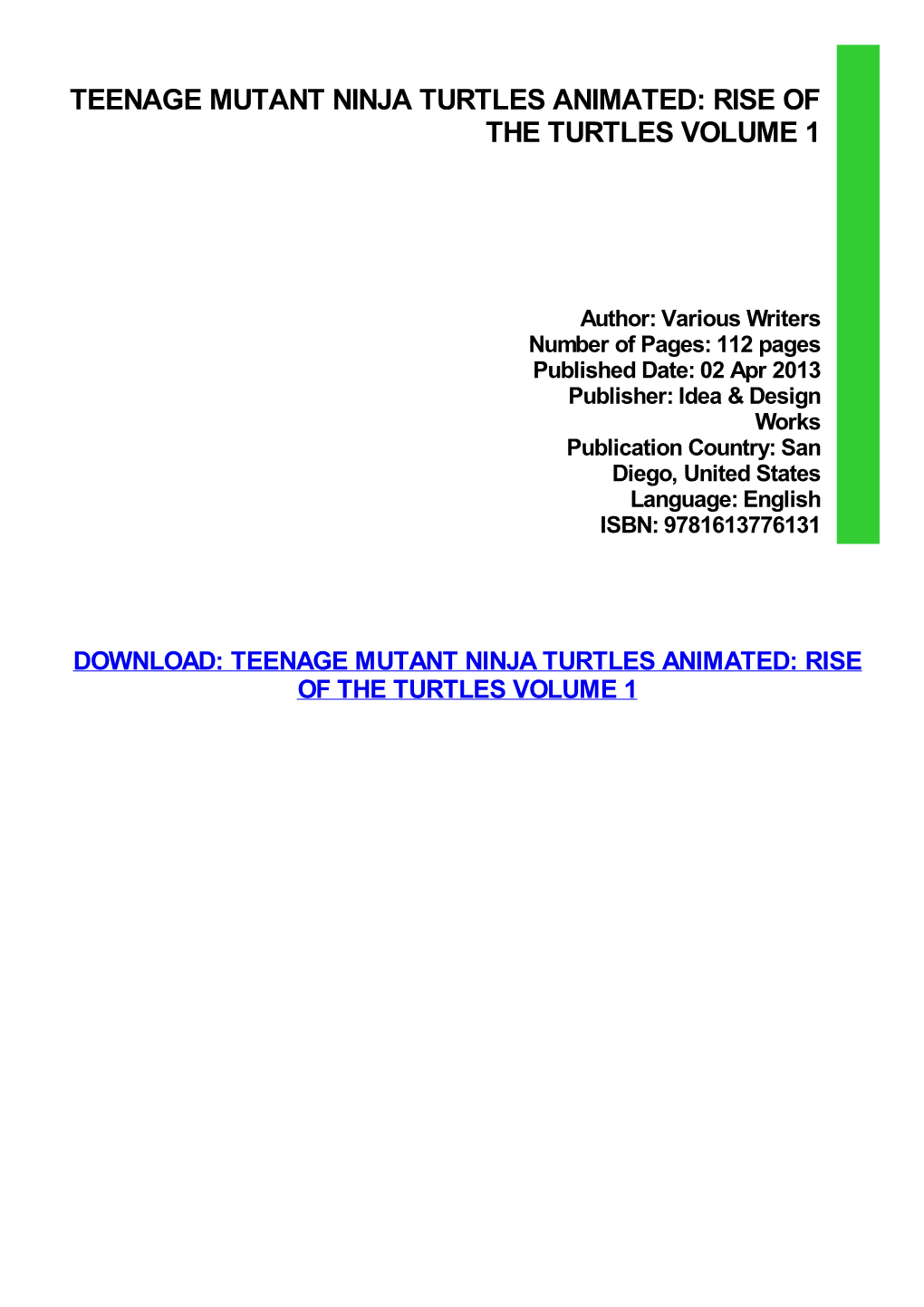 Ebook Download Teenage Mutant Ninja Turtles Animated: Rise of The