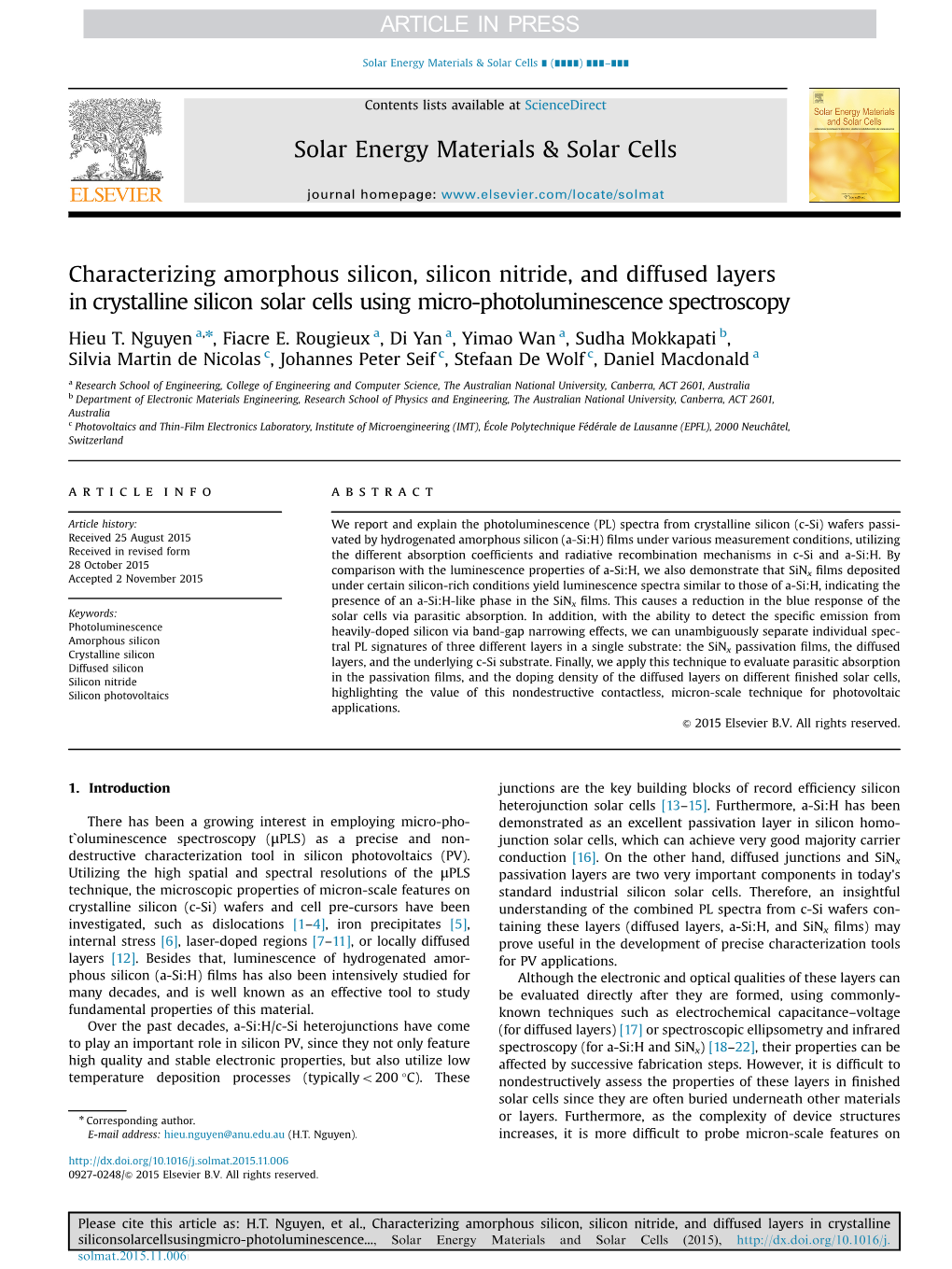 Characterizing Amorphous Silicon, Silicon Nitride, and Diffused Layers in Crystalline Silicon Solar Cells Using Micro-Photoluminescence Spectroscopy