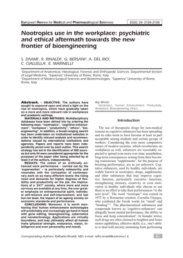 Nootropics Use in the Workplace: Psychiatric and Ethical Aftermath Towards the New Frontier of Bioengineering