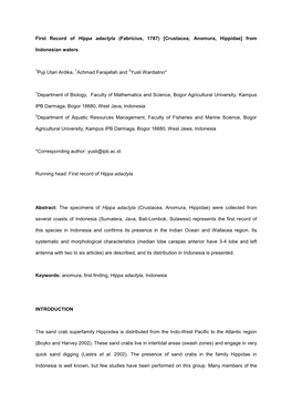 First Record of Hippa Adactyla (Fabricius, 1787) [Crustacea, Anomura, Hippidae] from Indonesian Waters 1Puji Utari Ardika, 1Achm