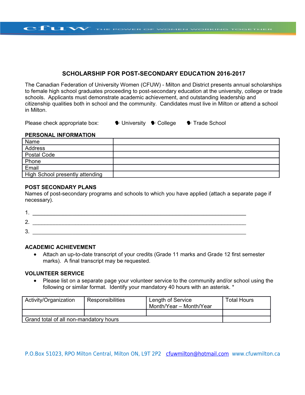 Scholarship for Post-Secondary Education 2016-2017