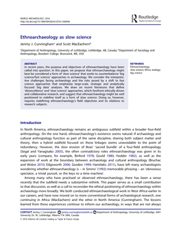 Ethnoarchaeology As Slow Science Jerimy J