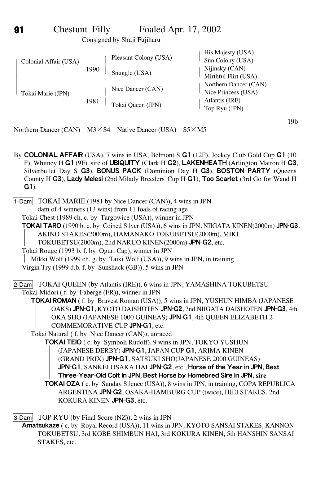 91 Chestunt Filly Foaled Apr. 17, 2002 Consigned by Shuji Fujiharu His Majesty (USA) # $ Pleasant Colony (USA) $"$# Colonial Affair (USA) ! Sun Colony (USA)