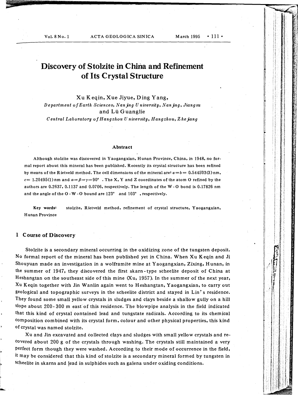 Discovery of Stolzite in China and Refinement of Its Crystal Structure