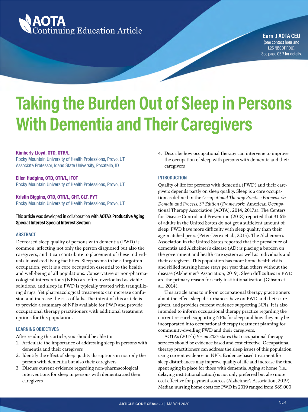 Taking the Burden out of Sleep in Persons with Dementia and Their Caregivers