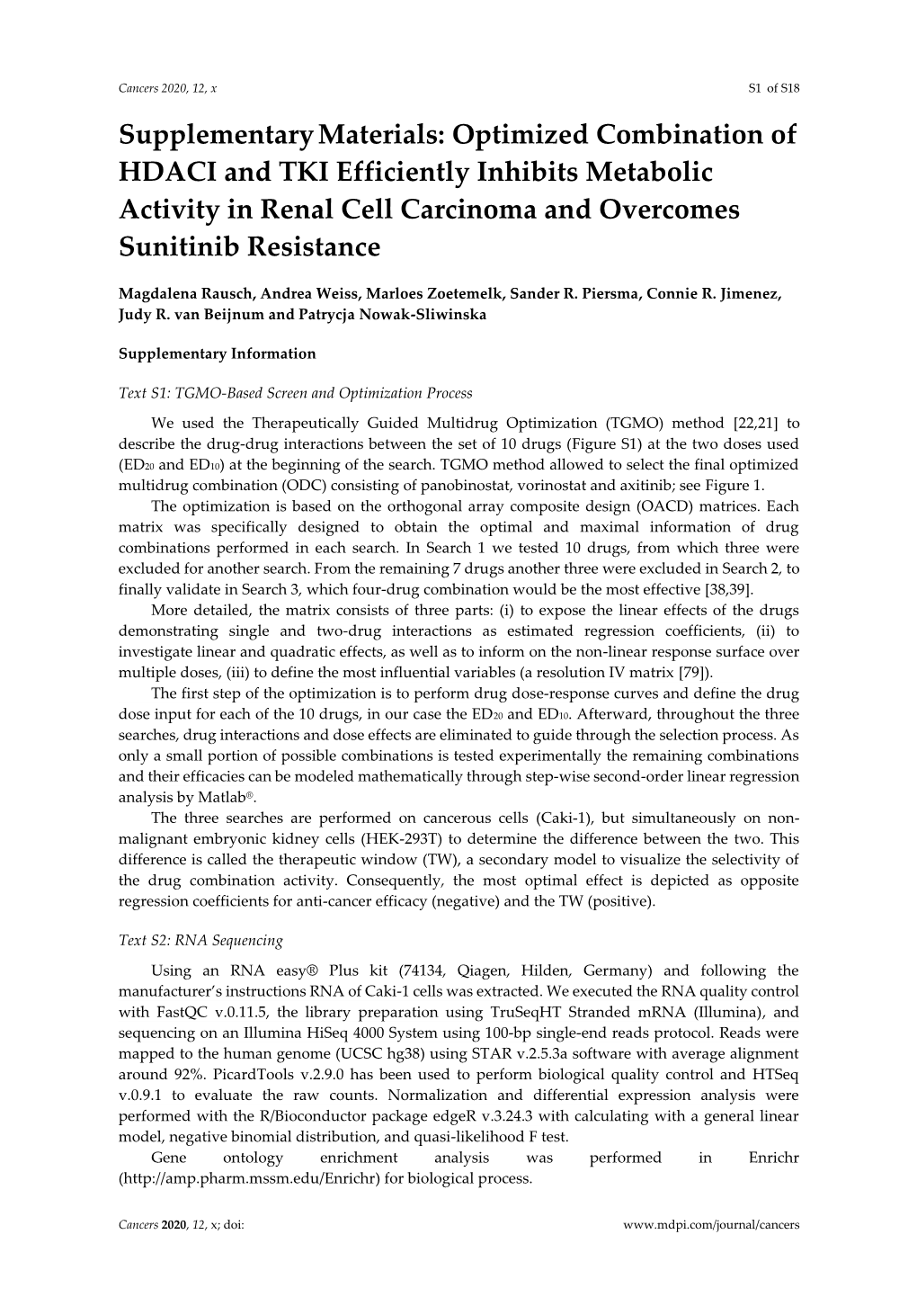 Optimized Combination of HDACI and TKI Efficiently Inhibits Metabolic Activity in Renal Cell Carcinoma and Overcomes Sunitinib Resistance