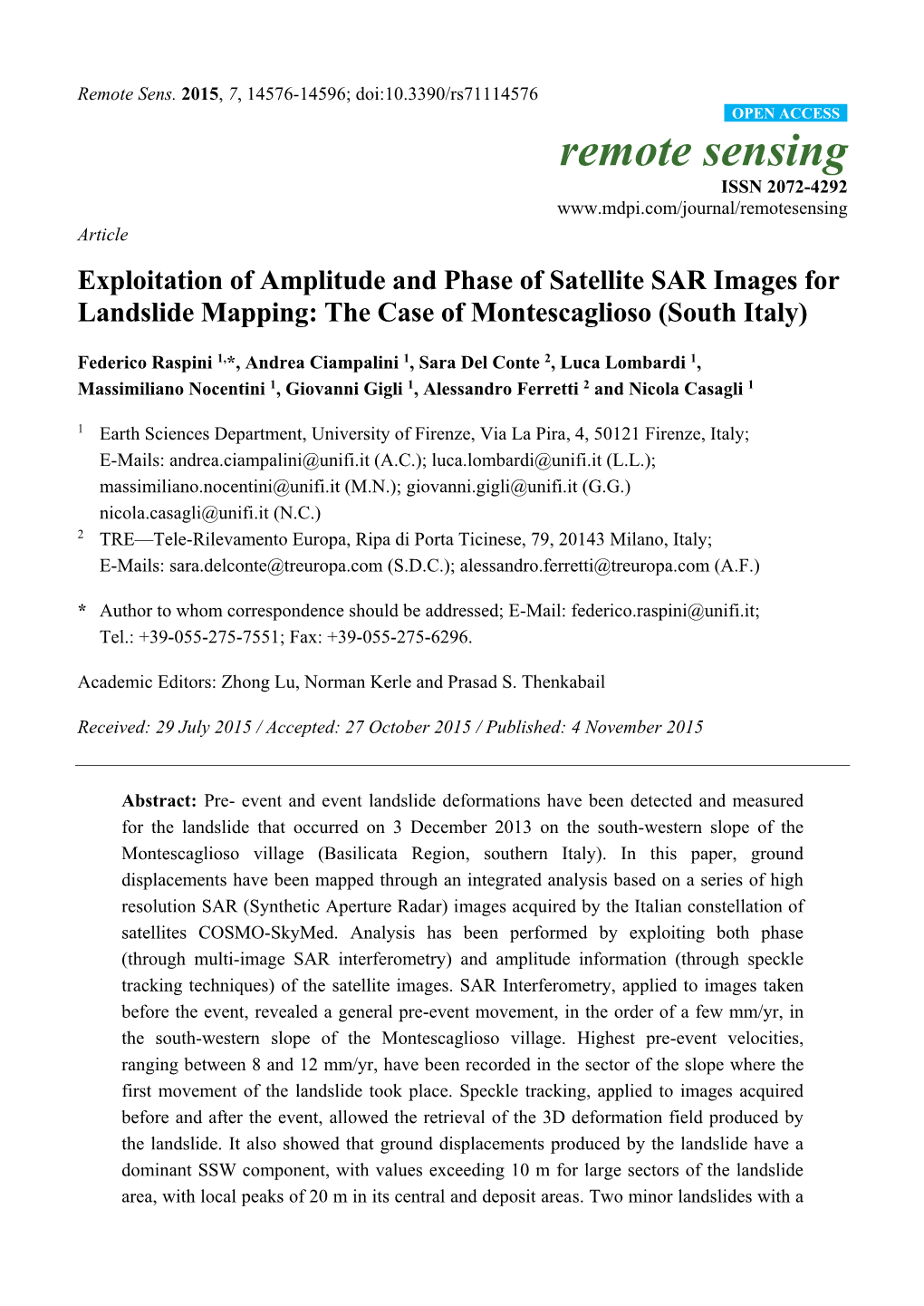 Exploitation of Amplitude and Phase of Satellite SAR Images for Landslide Mapping: the Case of Montescaglioso (South Italy)