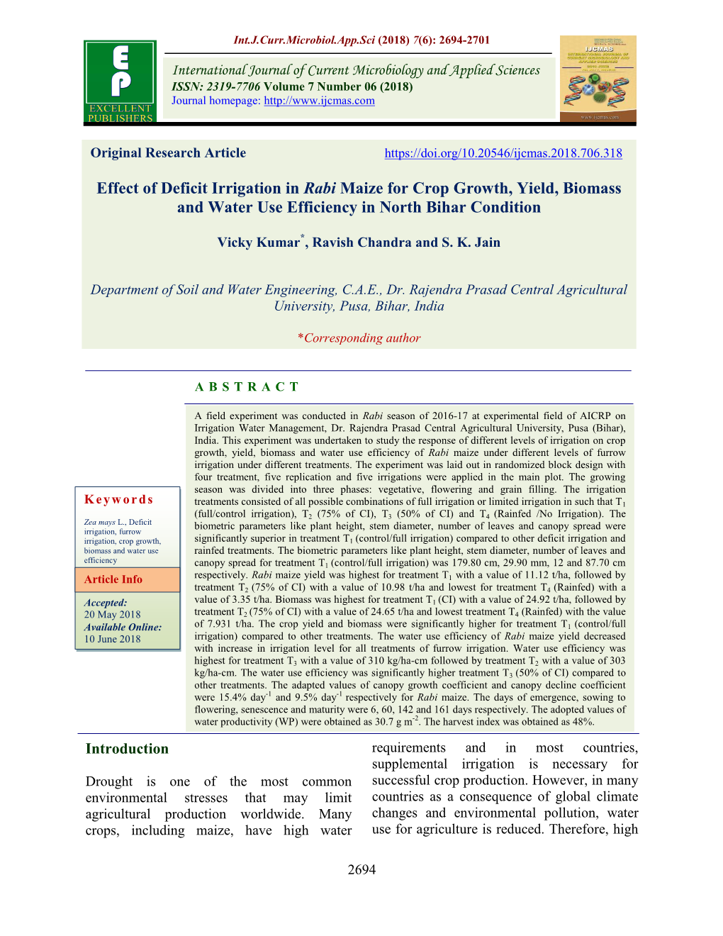 Effect of Deficit Irrigation in Rabi Maize for Crop Growth, Yield, Biomass and Water Use Efficiency in North Bihar Condition