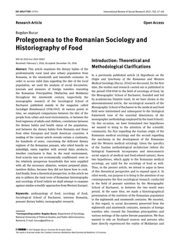 Prolegomena to the Romanian Sociology and Historiography of Food
