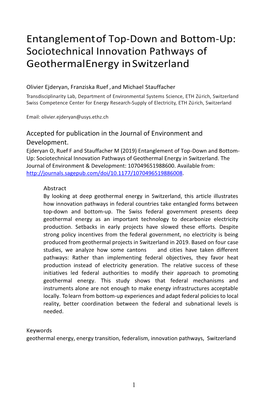 Sociotechnical Innovation Pathways of Geothermal Energy in Switzerland