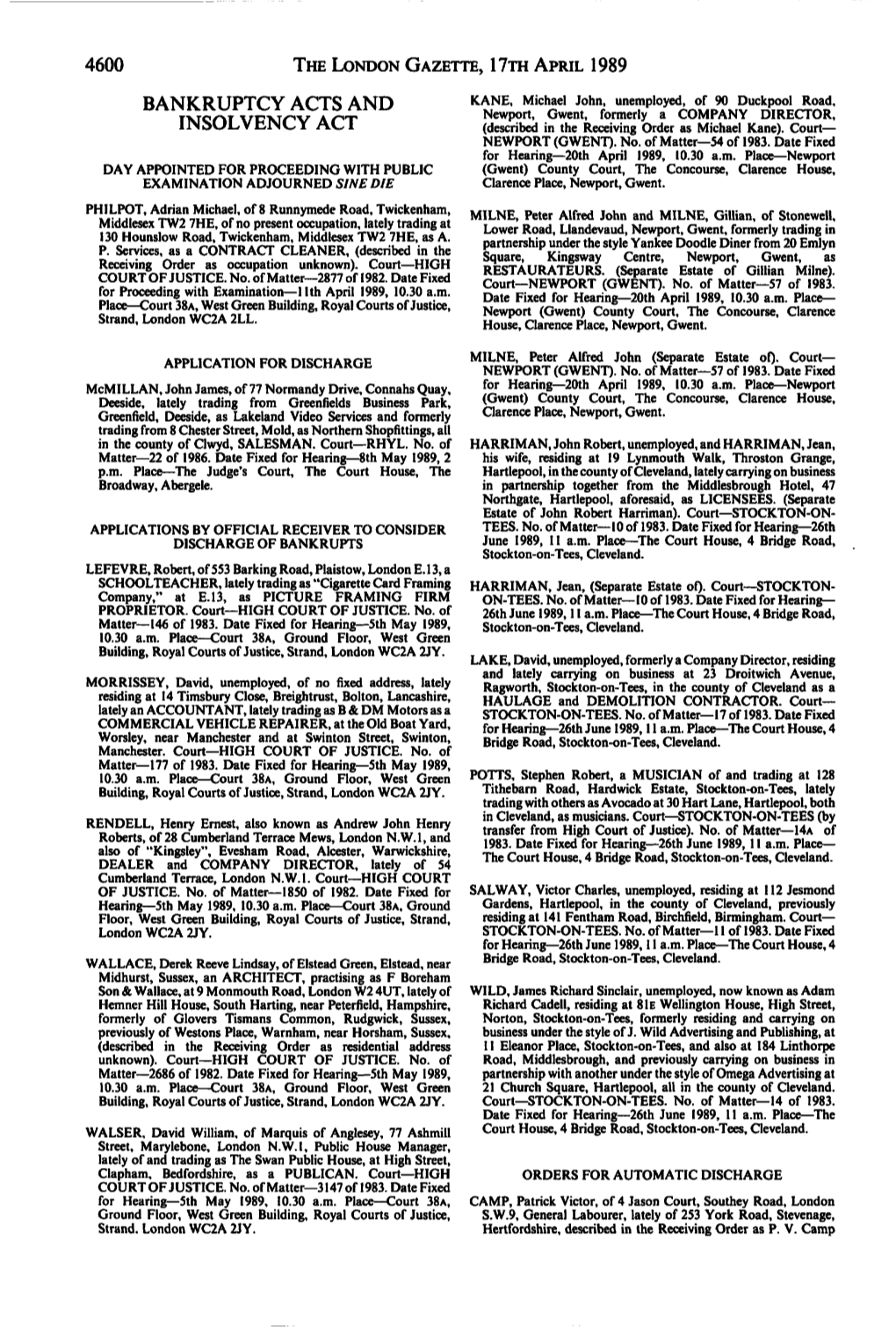 The London Gazette, I?Th April 1989 Bankruptcy Acts And