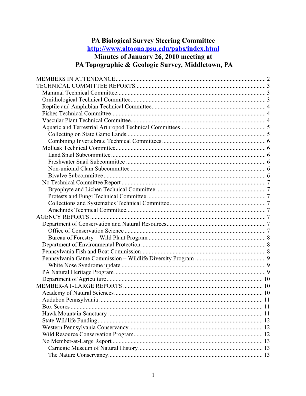 Steering Committee Minutes, January 2010