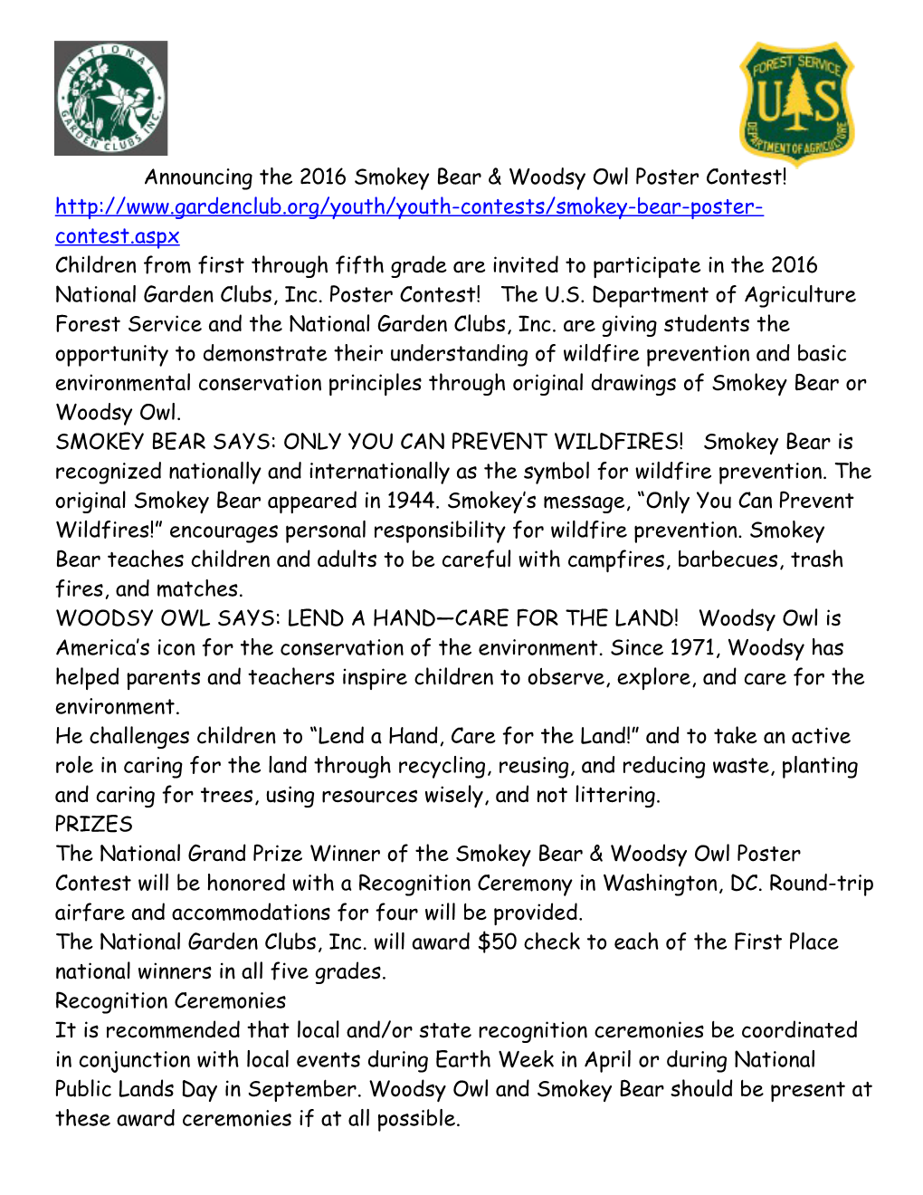 Announcing the 2016 Smokey Bear & Woodsy Owl Poster Contest!