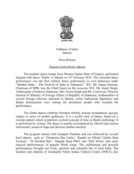 Embassy of India Jakarta Press Release Gujarati Garba Rocks