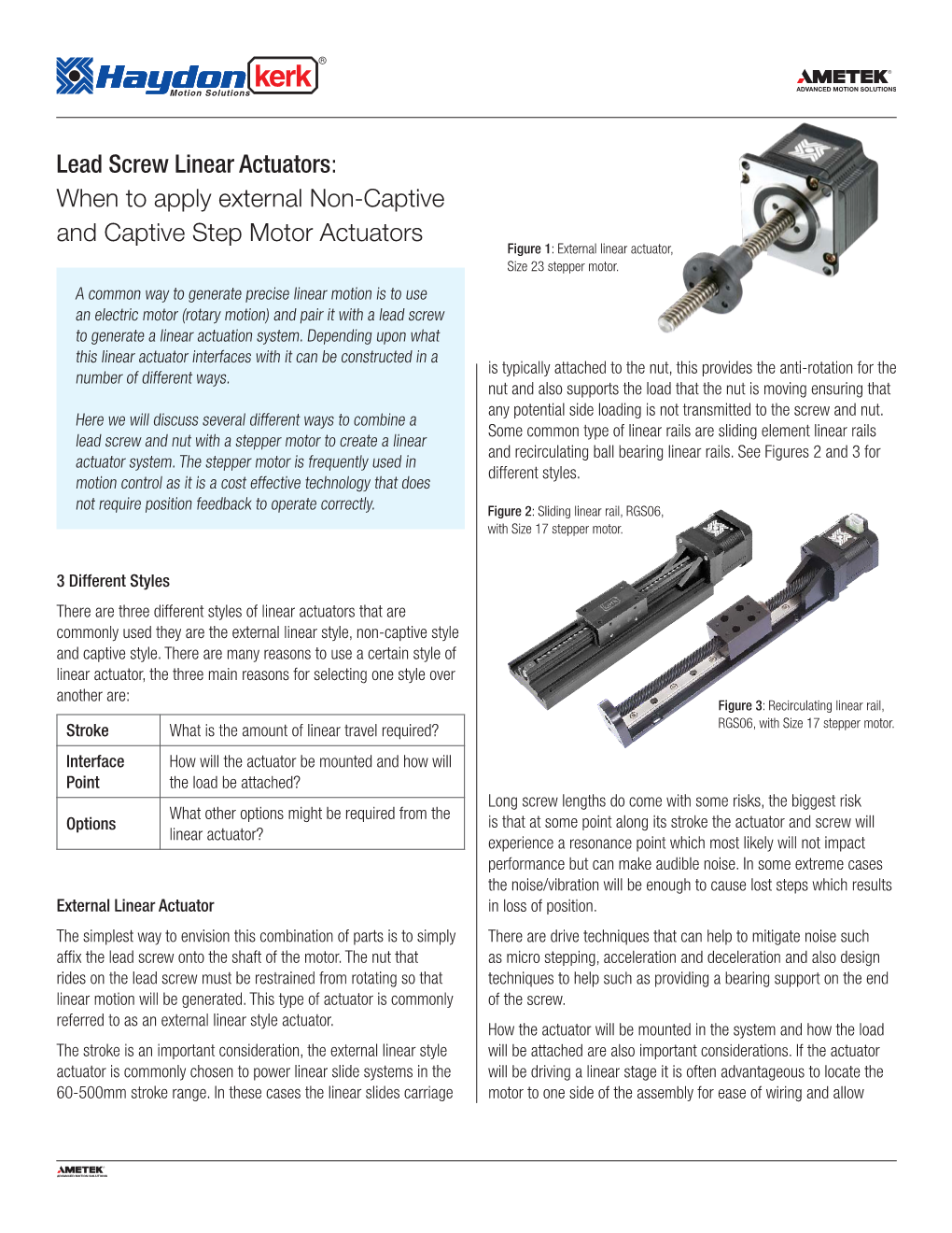 Lead Screw Linear Actuators: When to Apply External Non-Captive and Captive Step Motor Actuators Figure 1: External Linear Actuator, Size 23 Stepper Motor