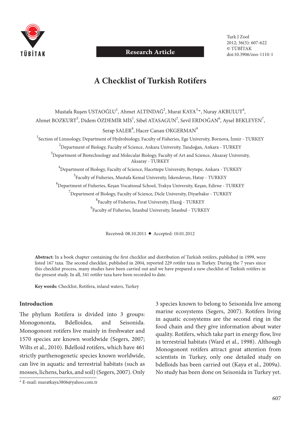 A Checklist of Turkish Rotifers