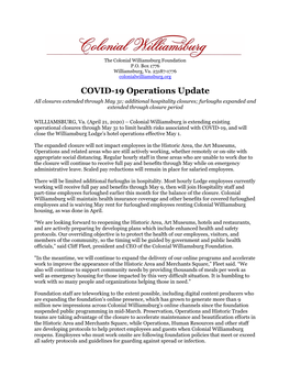 COVID-19 Operations Update All Closures Extended Through May 31; Additional Hospitality Closures; Furloughs Expanded and Extended Through Closure Period