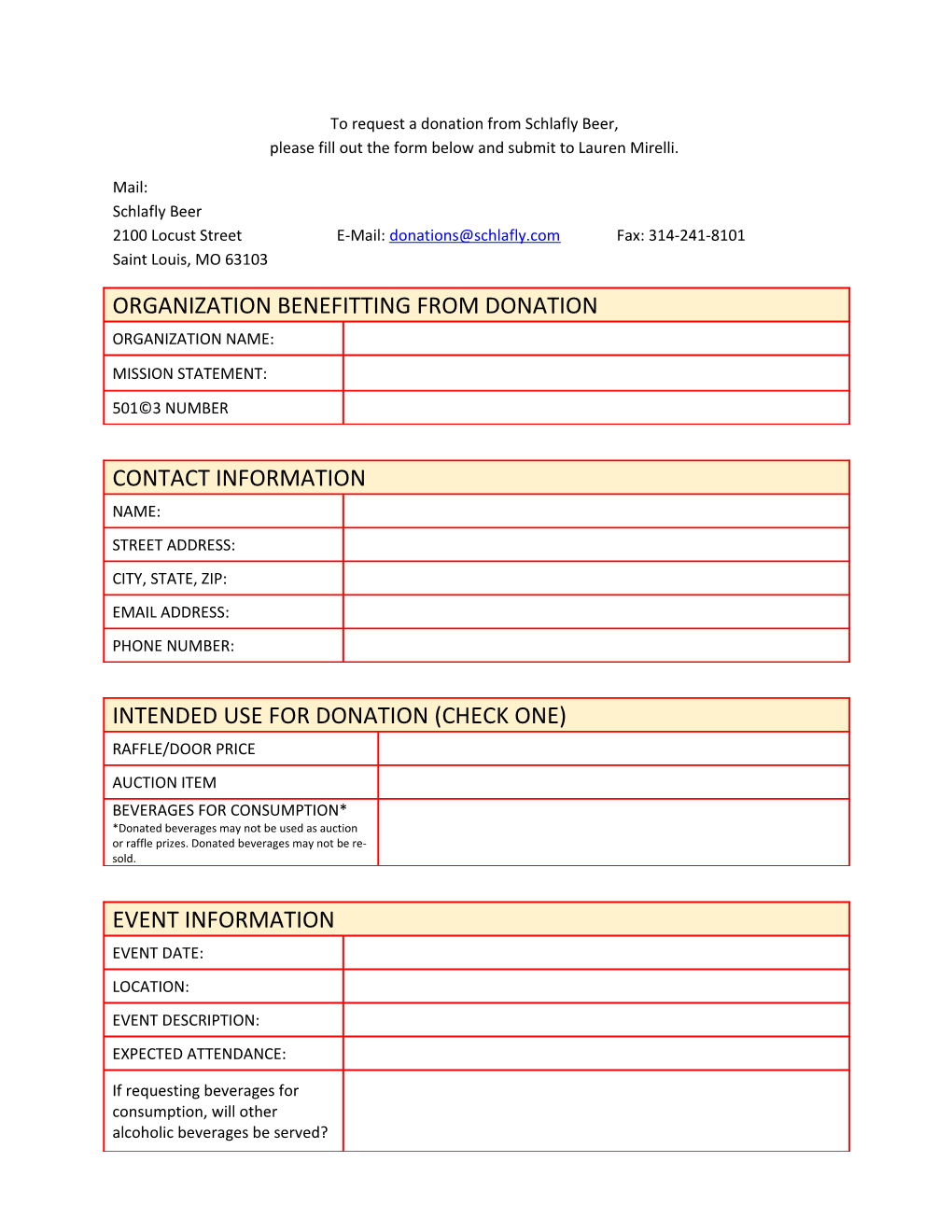 Schlafly Beer Donation Request Form