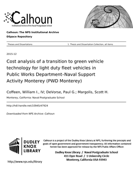 Cost Analysis of a Transition to Green Vehicle Technology for Light Duty Fleet Vehicles in Public Works Department–Naval Support Activity Monterey (PWD Monterey)