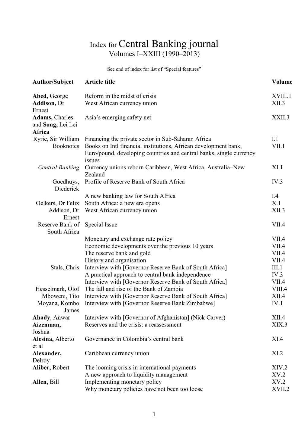 Index for Central Banking Journal Volumes I–XXIII (1990–2013)