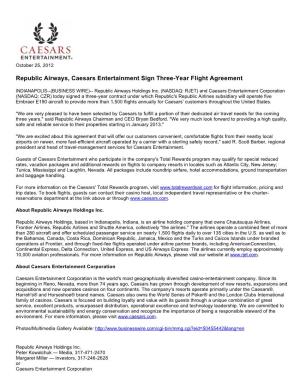 Republic Airways, Caesars Entertainment Sign Three-Year Flight Agreement