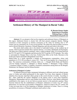 Settlement History of the Manipuri in Barak Valley