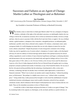 Successes and Failures As an Agent of Change: Martin Luther As Theologian and As Reformer