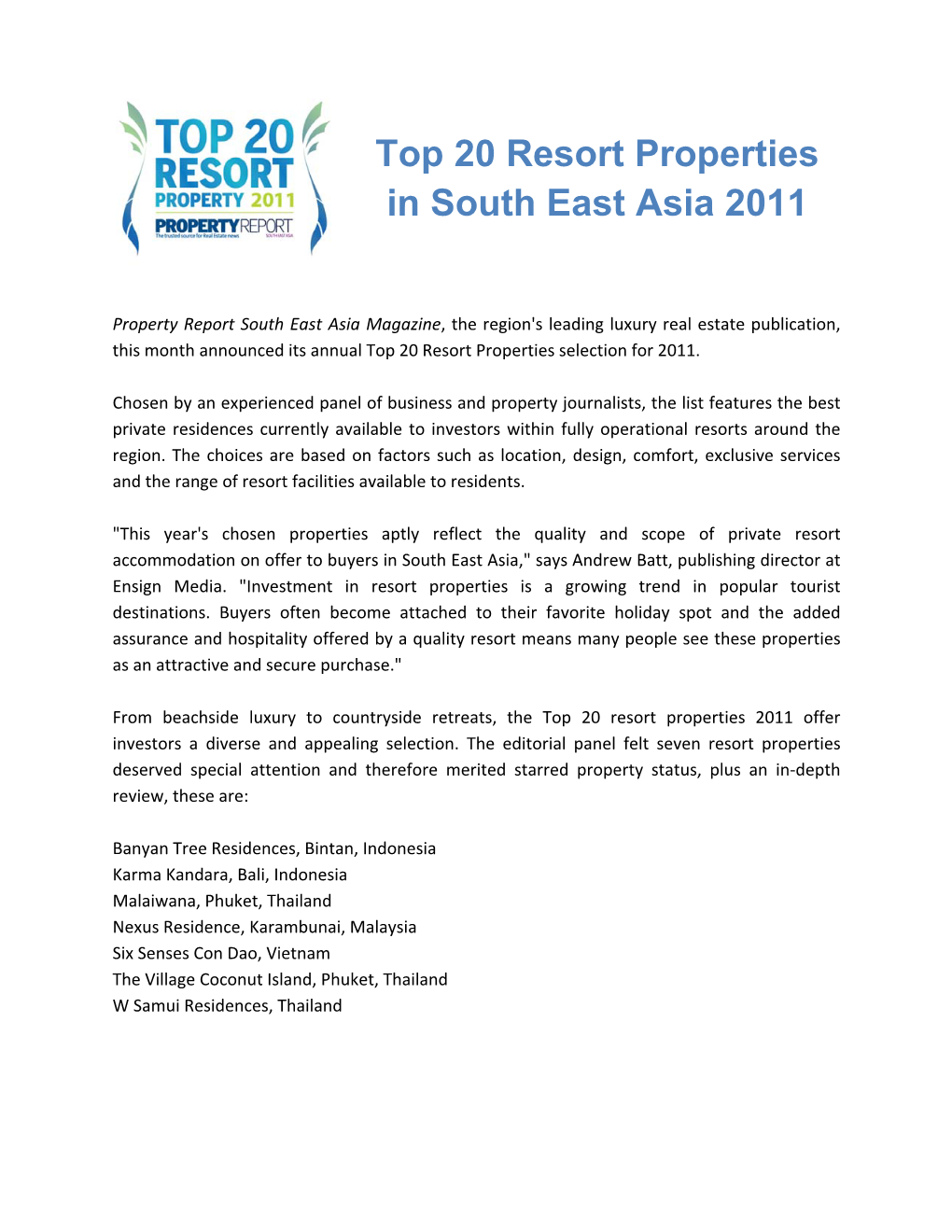 Top 20 Resort Properties in South East Asia 2011
