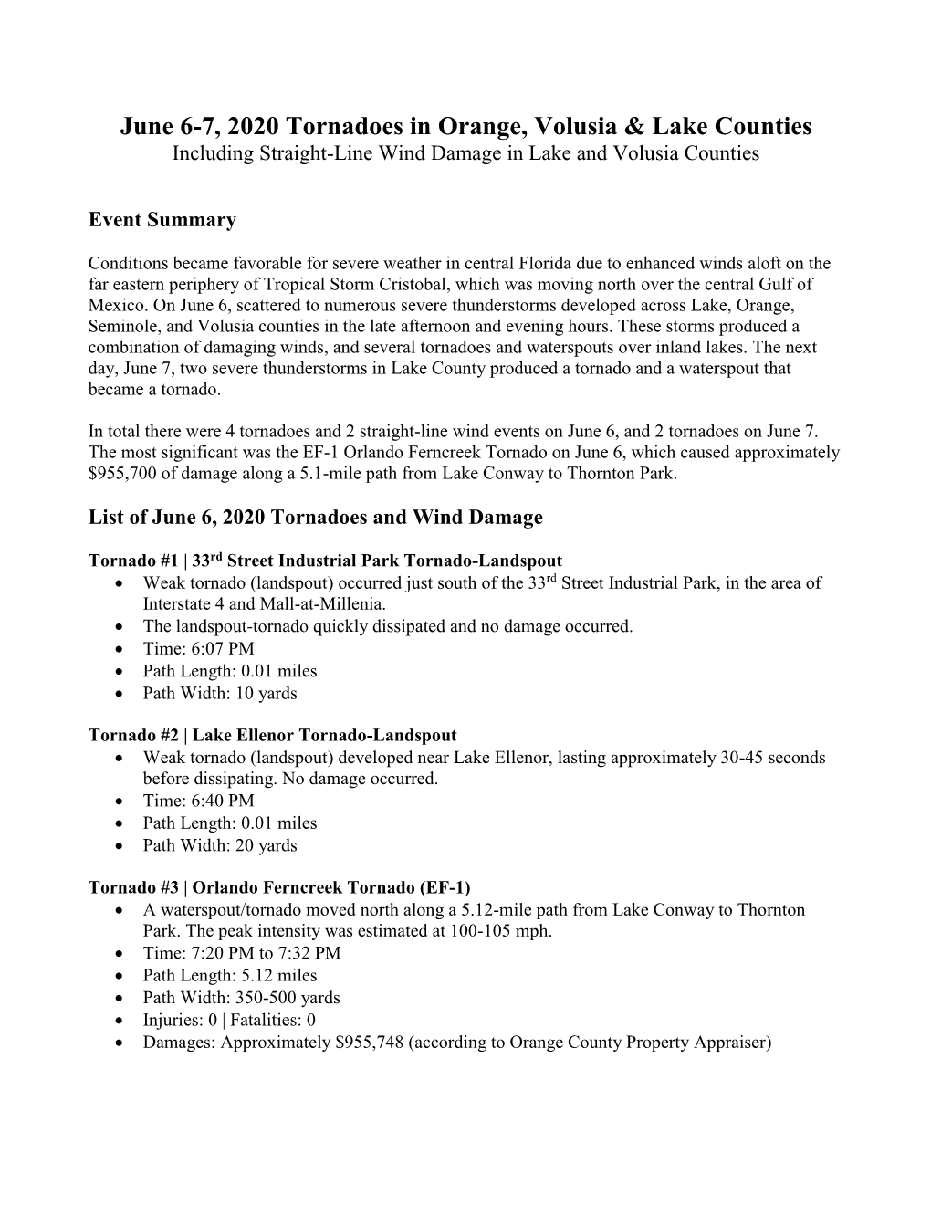 June 6-7, 2020 Tornadoes in Orange, Volusia & Lake Counties