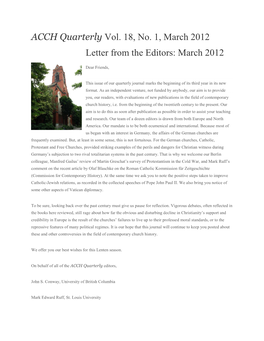 ACCH Quarterly Vol. 18, No. 1, March 2012 Letter from the Editors: March 2012