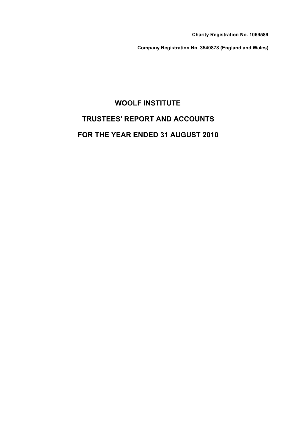 Woolf Institute Trustees' Report and Accounts For