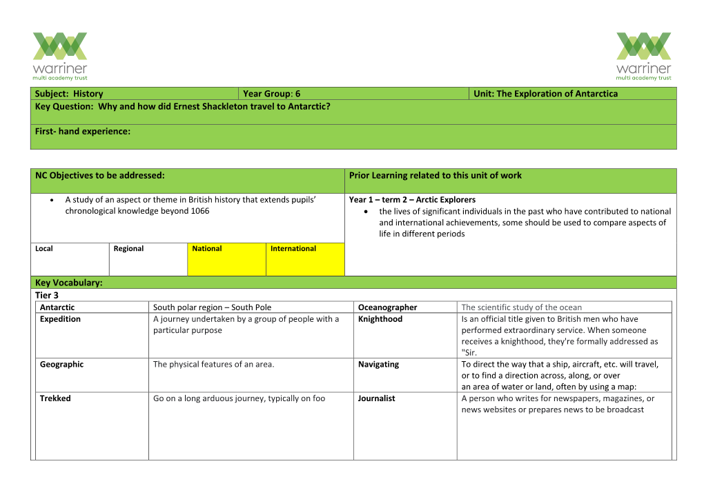 Subject: History Year Group: 6 Unit: the Exploration of Antarctica Key Question: Why and How Did Ernest Shackleton Travel to Antarctic?