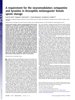 A Requirement for the Neuromodulators Octopamine and Tyramine in Drosophila Melanogaster Female Sperm Storage