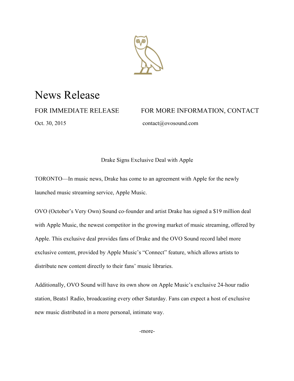 News Release for IMMEDIATE RELEASE for MORE INFORMATION, CONTACT Oct