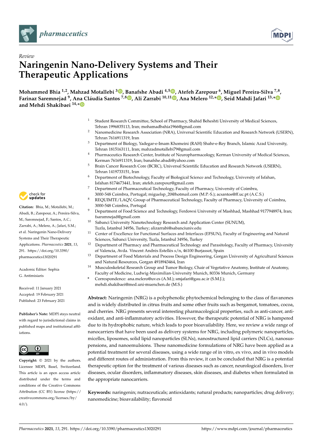 Naringenin Nano-Delivery Systems and Their Therapeutic Applications