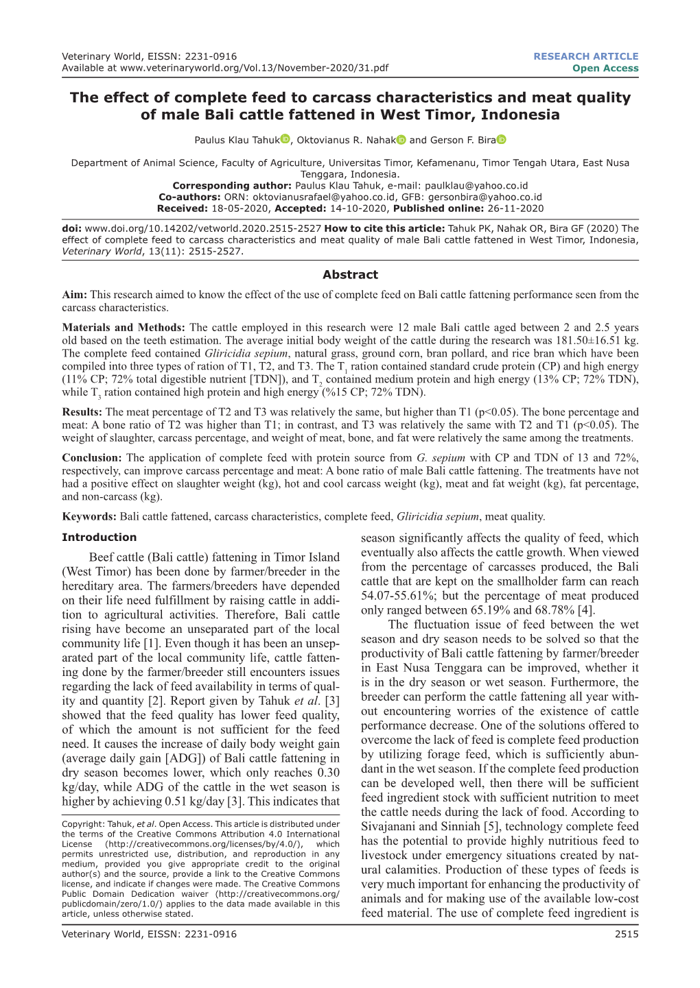 The Effect of Complete Feed to Carcass Characteristics and Meat Quality of Male Bali Cattle Fattened in West Timor, Indonesia