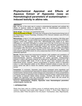 Phytochemical Appraisal and Effects of Aqueous Extract of Hypoestes Rosea on Haematological Parameters of Acetaminophen – Induced Toxicity in Albino Rats