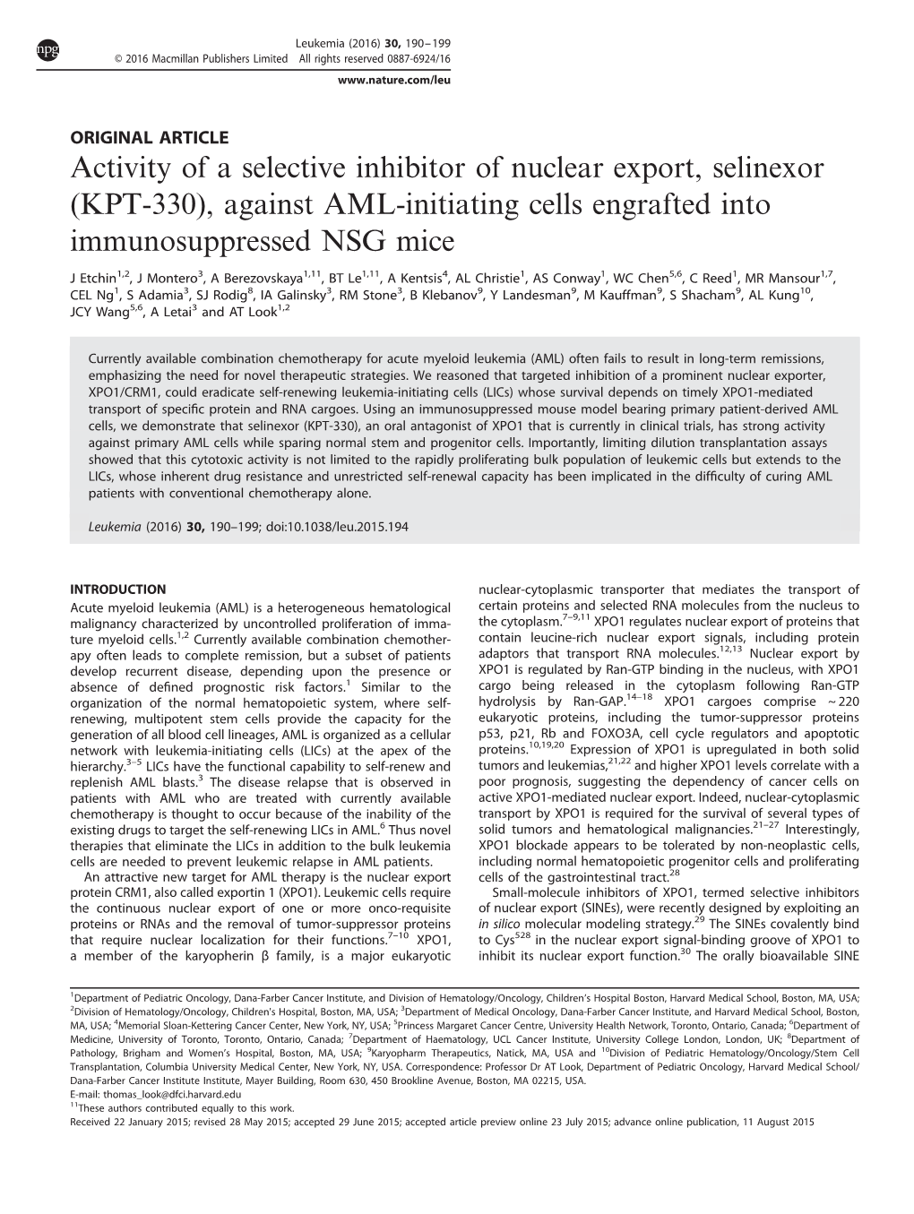 KPT-330), Against AML-Initiating Cells Engrafted Into Immunosuppressed NSG Mice