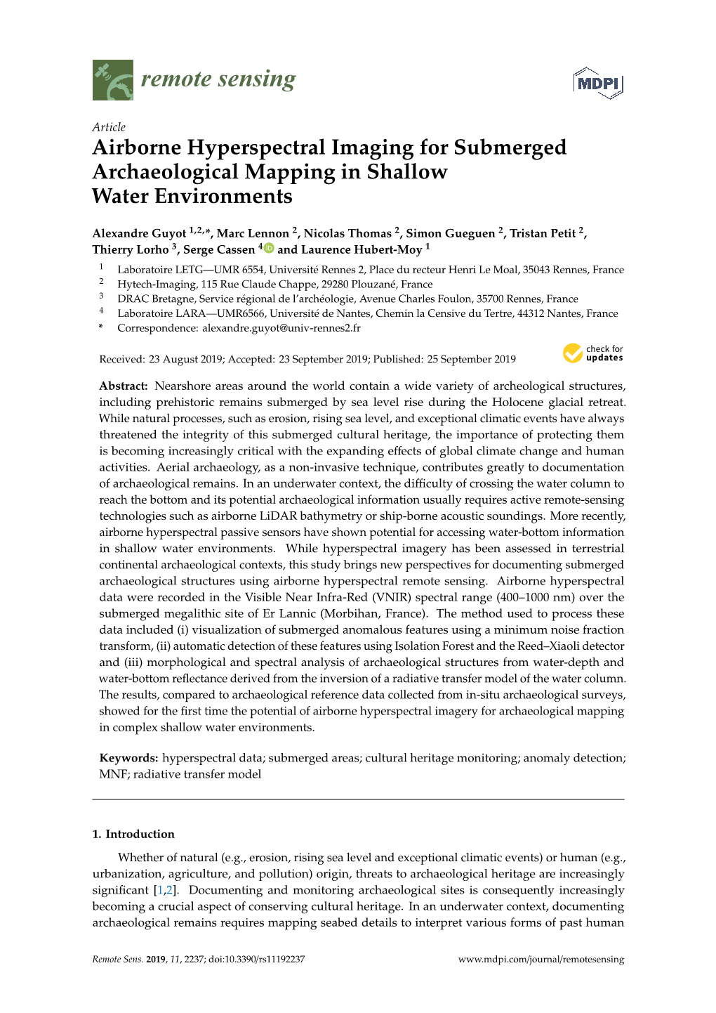 Airborne Hyperspectral Imaging for Submerged Archaeological Mapping in Shallow Water Environments