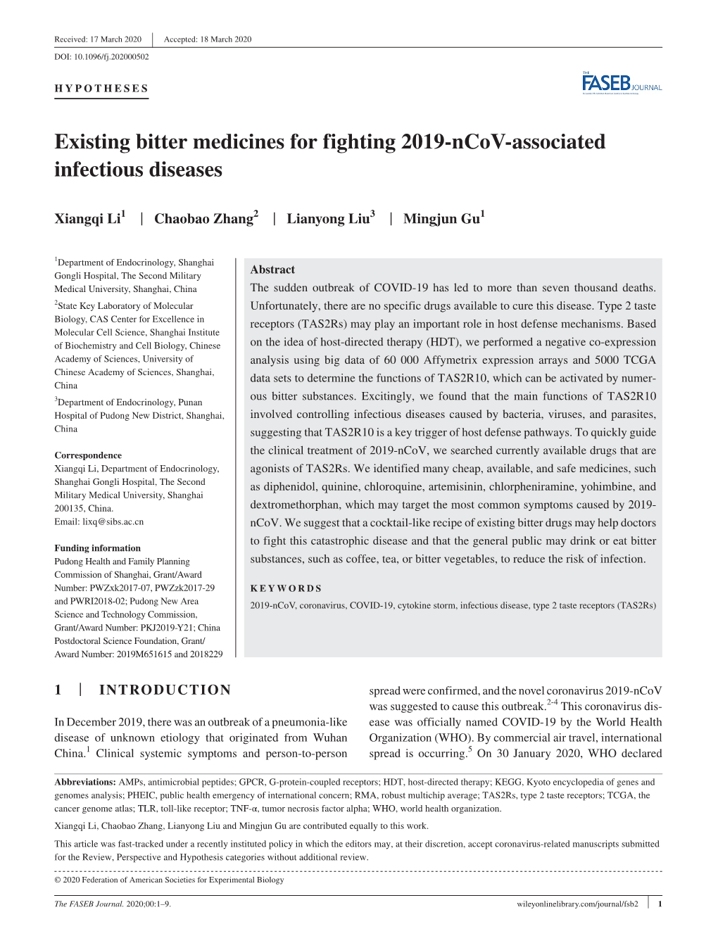 Existing Bitter Medicines for Fighting 2019-Ncov-Associated Infectious Diseases