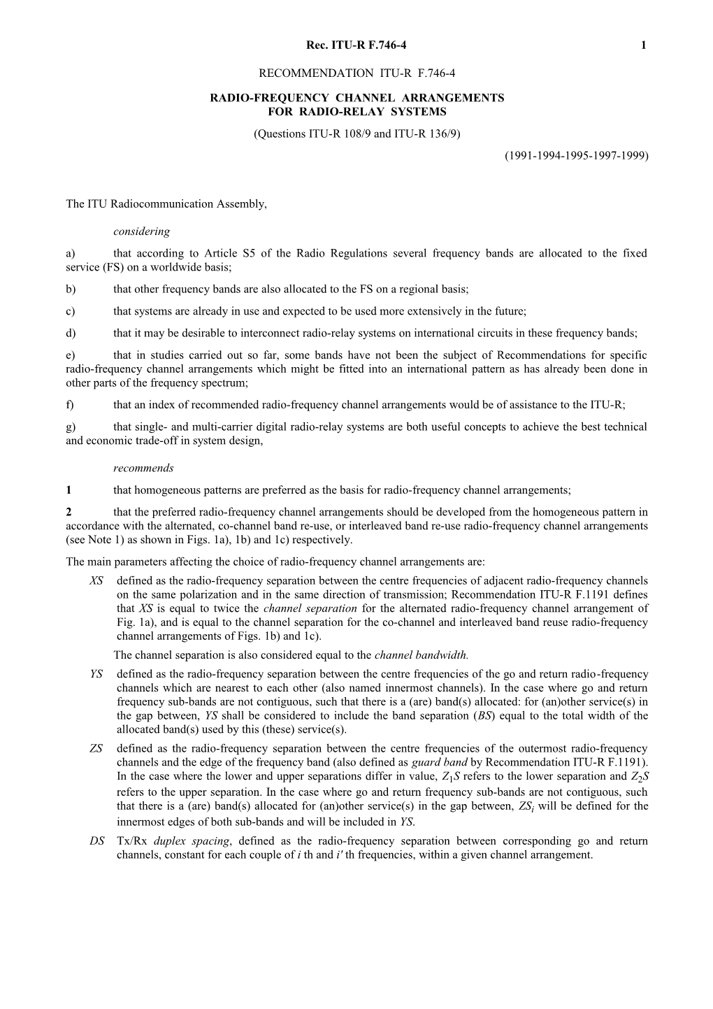 F.746-4 - Radio-Frequency Channel Arrangements for Radio-Relay Systems