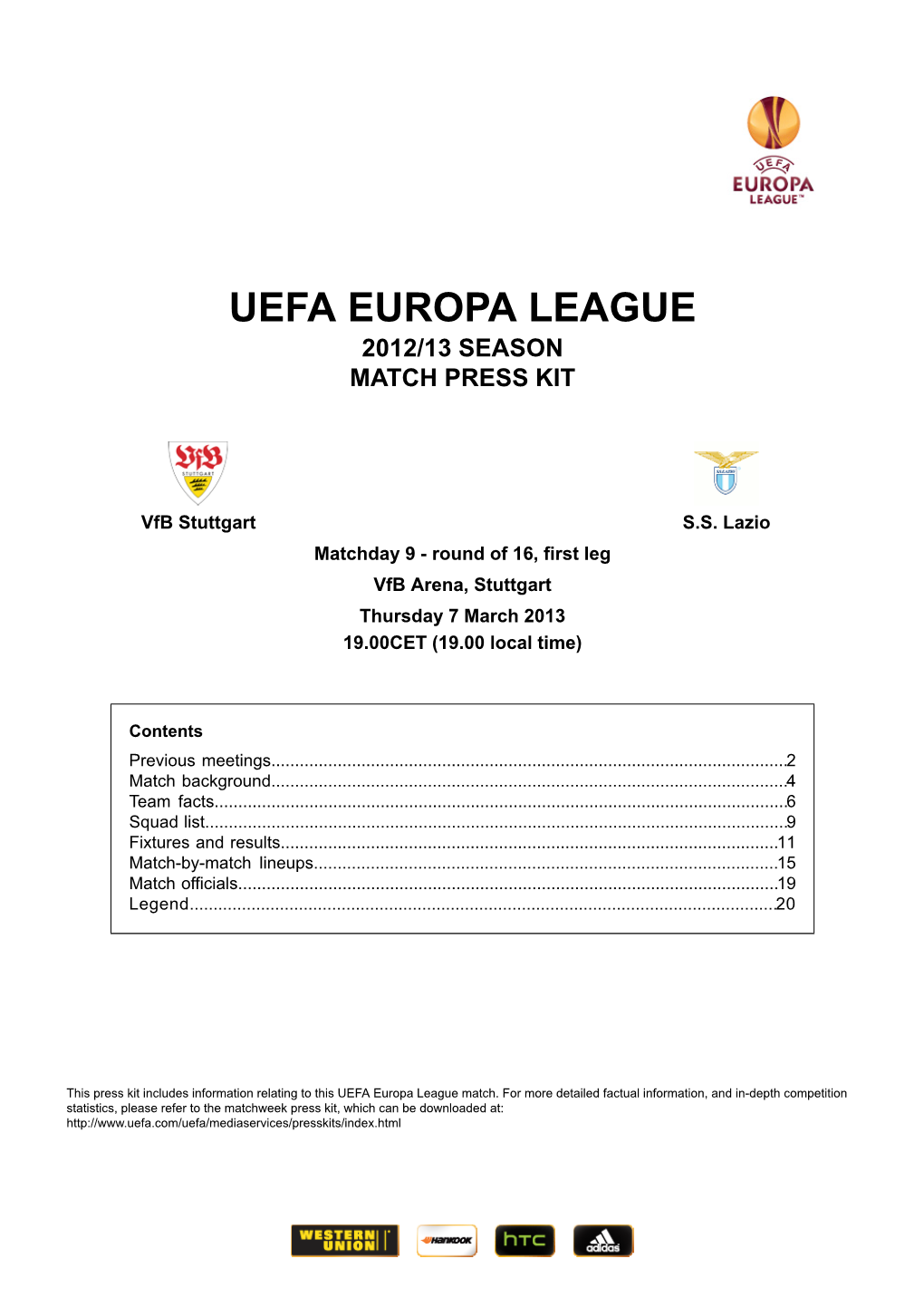 Uefa Europa League 2012/13 Season Match Press Kit