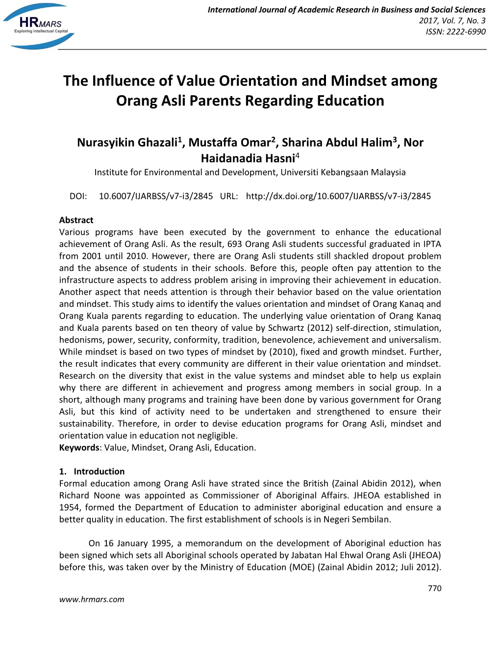 The Influence of Value Orientation and Mindset Among Orang Asli Parents Regarding Education