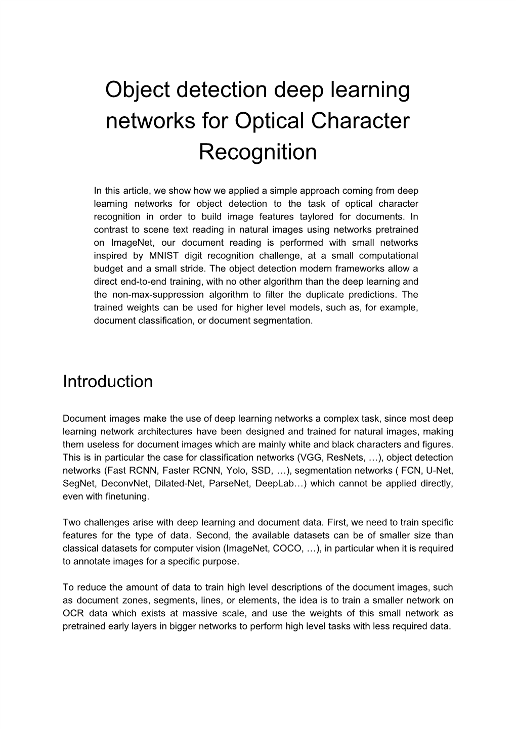 Object Detection Deep Learning Networks for Optical Character Recognition