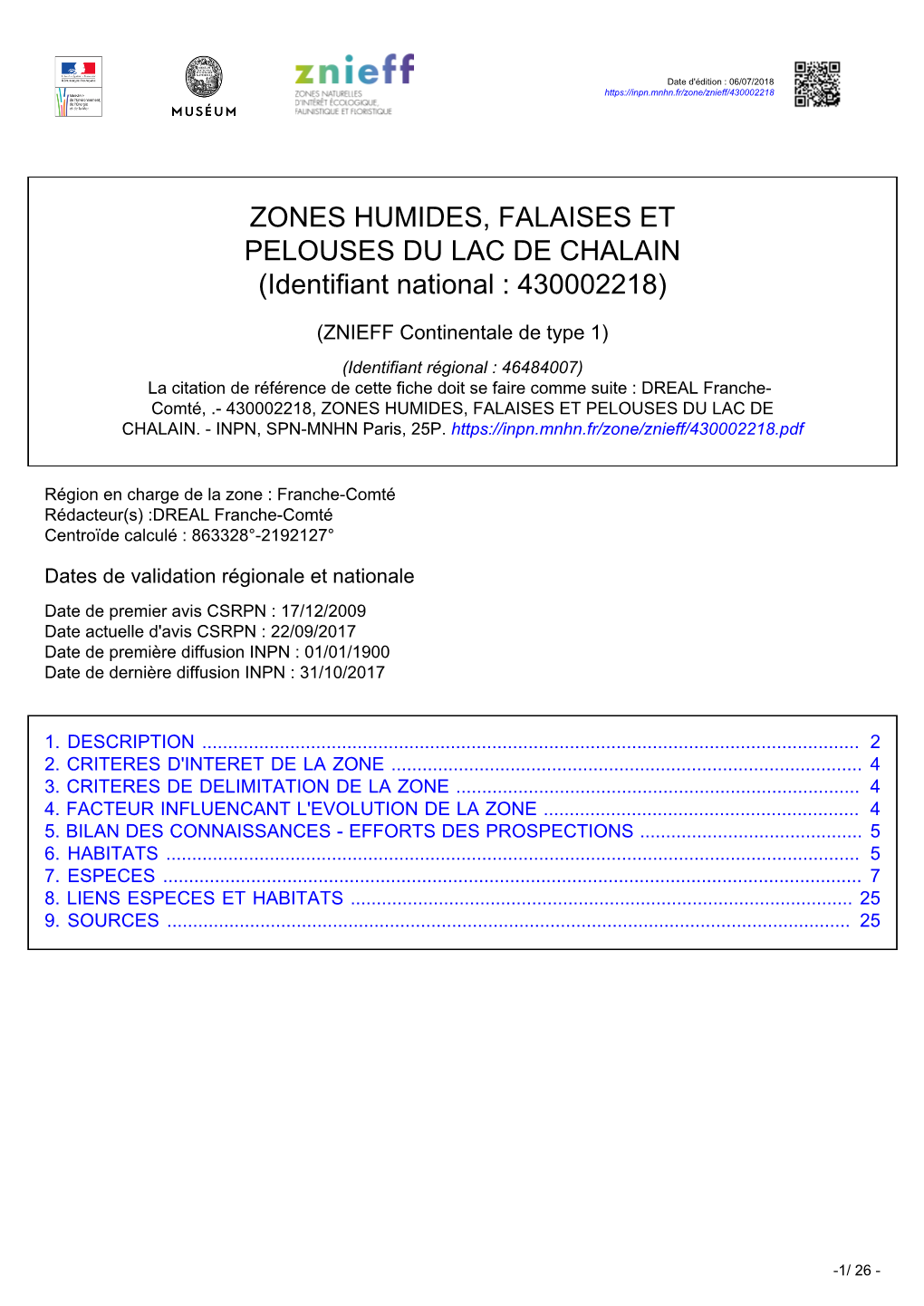 ZONES HUMIDES, FALAISES ET PELOUSES DU LAC DE CHALAIN (Identifiant National : 430002218)