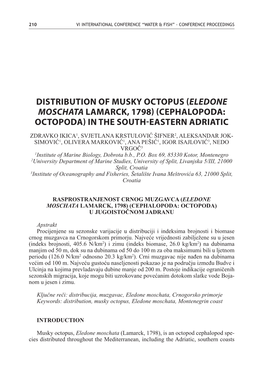 Distribution of Musky Octopus (Eledone Moschata Lamarck, 1798) (Cephalopoda: Octopoda) in the South-Eastern Adriatic