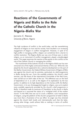 Reactions of the Governments of Nigeria and Biafra to the Role of the Catholic Church in the Nigeria–Biafra War Jacinta C